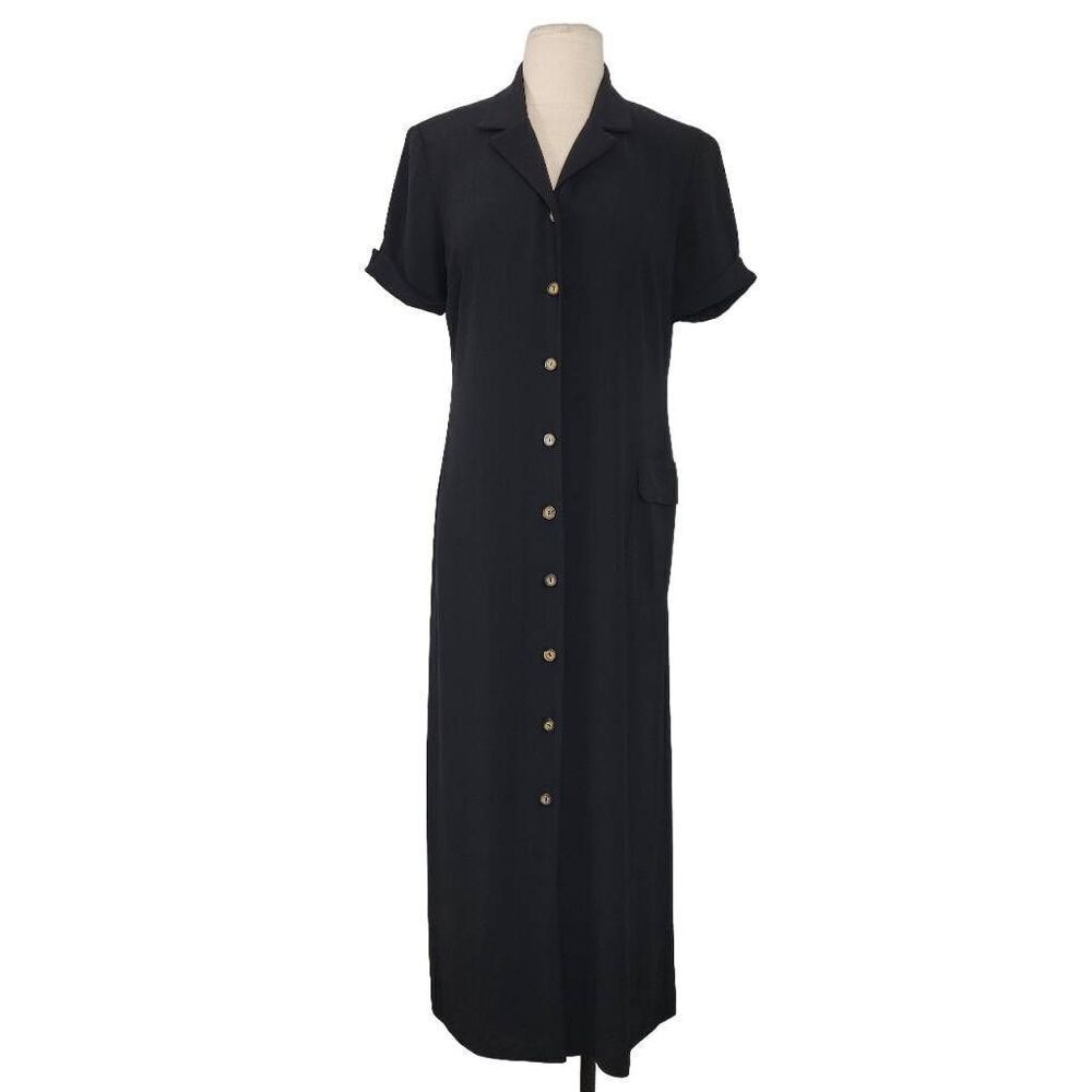 Vintage Talbots Petites Black Button Front Polo Maxi Dress Sz 8 Cargo Made USA